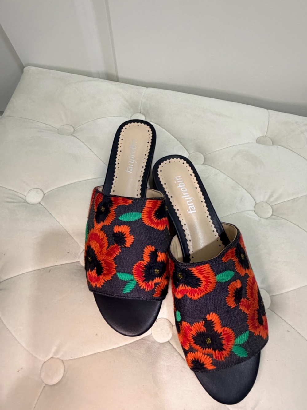 Farylrobin Black Slide Mules with Red Floral Embroidery